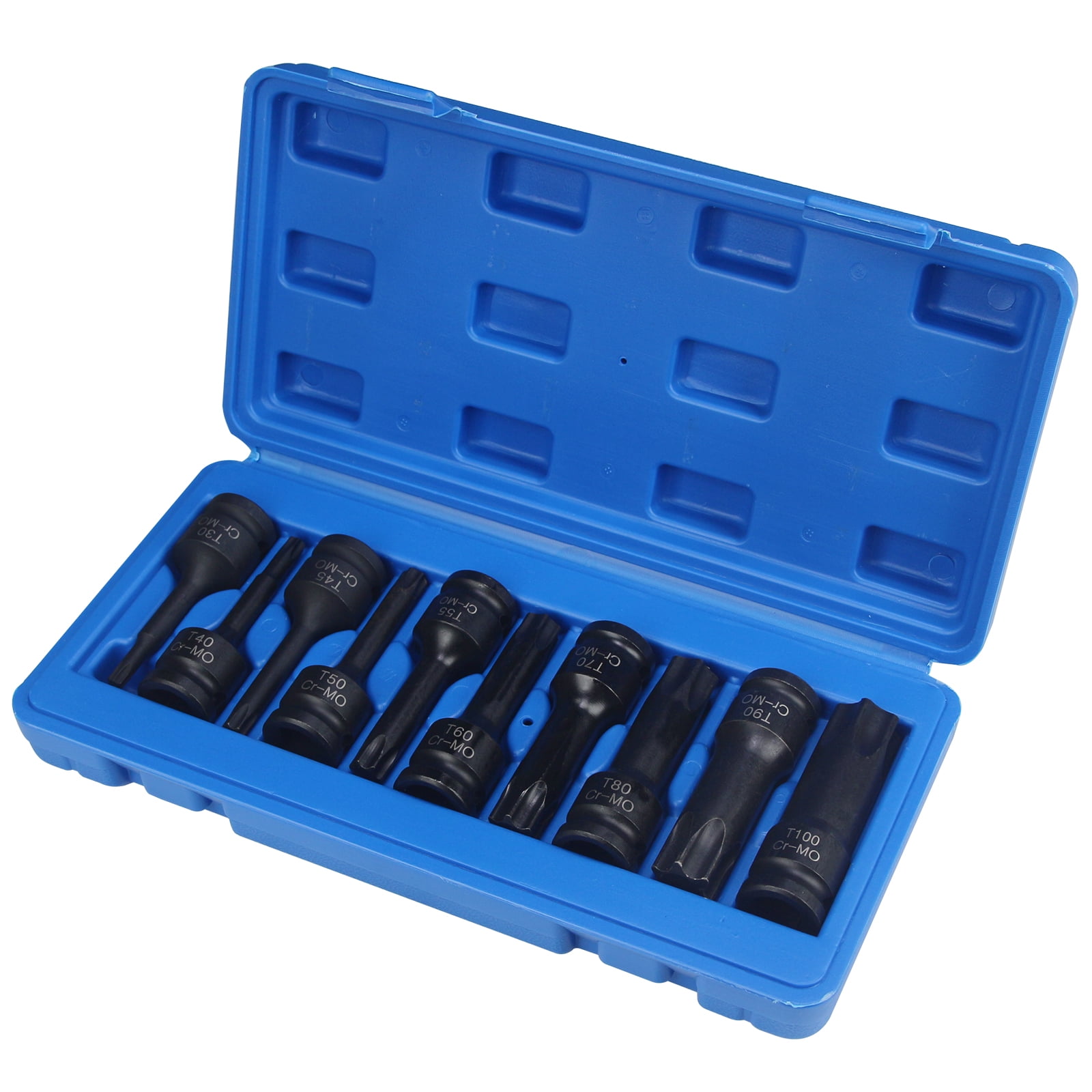 1/2 Inch Drive Torx Impact Socket Set with 10pcs Extra Long Bits, Cr-Mo Steel, Sizes T30 to T100 (T30, T40, T45, T50, T55, T60, T70, T80, T90, T100 Included), 3-Inch Bits, Complete with Storage Case