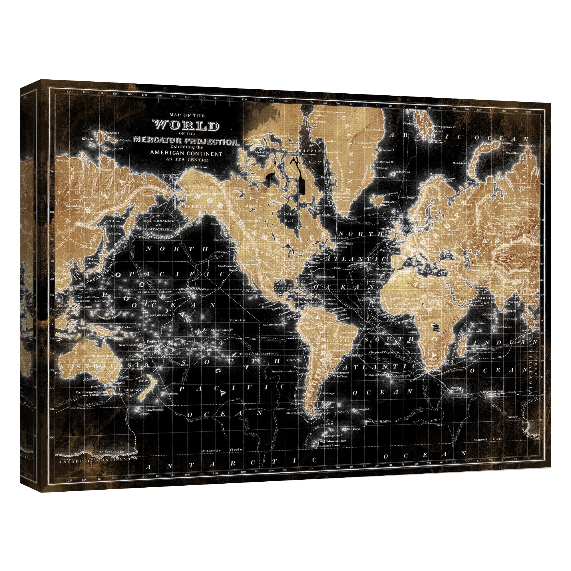 Masterpiece Art Gallery World Map On Black By Belle Maison Canvas Art Print 30" x 40"