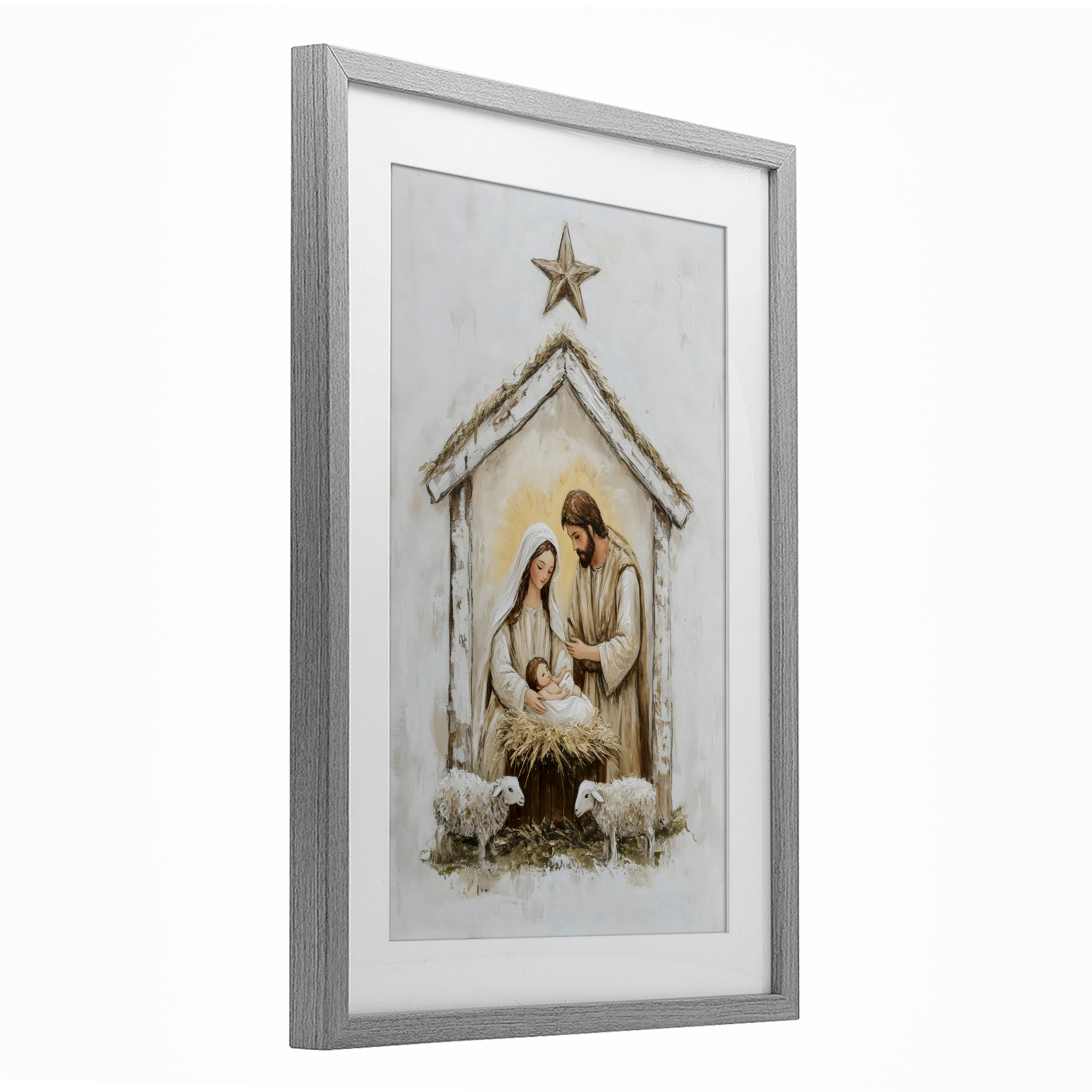 Little Lambs & Nativity Gray Framed Print Under Glass, design by Petal Prints Design