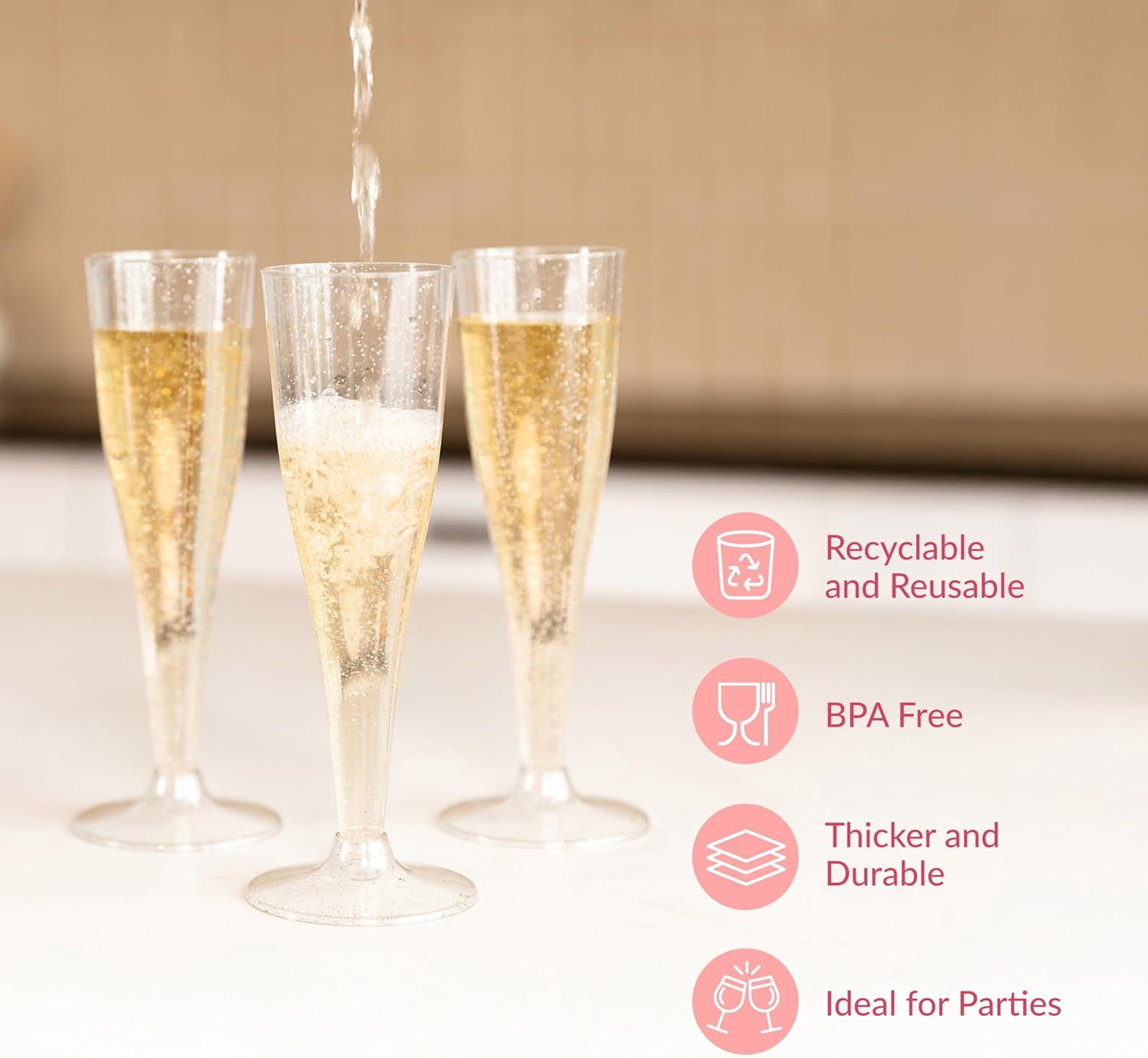 200 Disposable Champagne Flutes Gold Glitter Glasses - 6 Oz Plastic Champagne Cups for Parties, Wedding Toasts, Mimosa Bar, and New Year’s Eve - Elegant Bulk Gold Plastic Wine Flutes