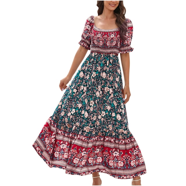 QIPOPIQ Robe Maxi pour Femme Plage Élégante à Manches Courtes à une Épaule Robes Décontractées d'Été Robe à Étages Robe à Volants en Cascade Imprimé Bohème Robe de Fête de Plage Offres 2023