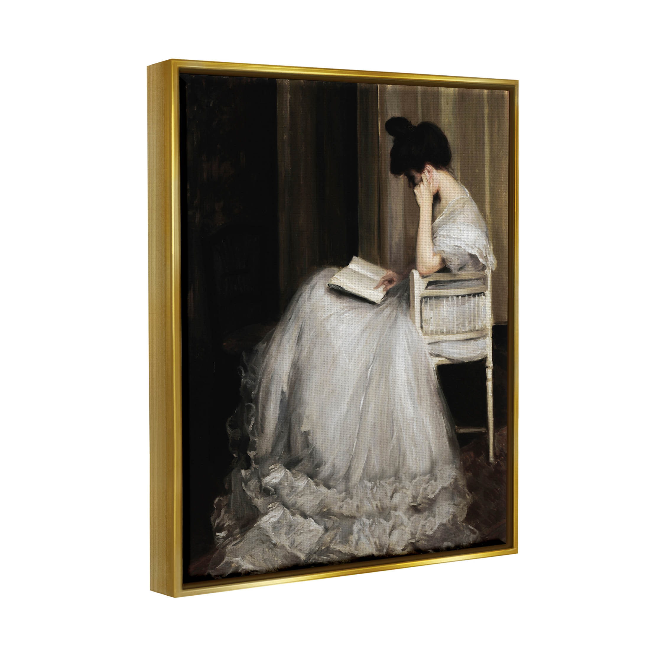 Woman in Gown Reading Portrait Typography Painting Metallic Gold Framed Art Print Wall Art