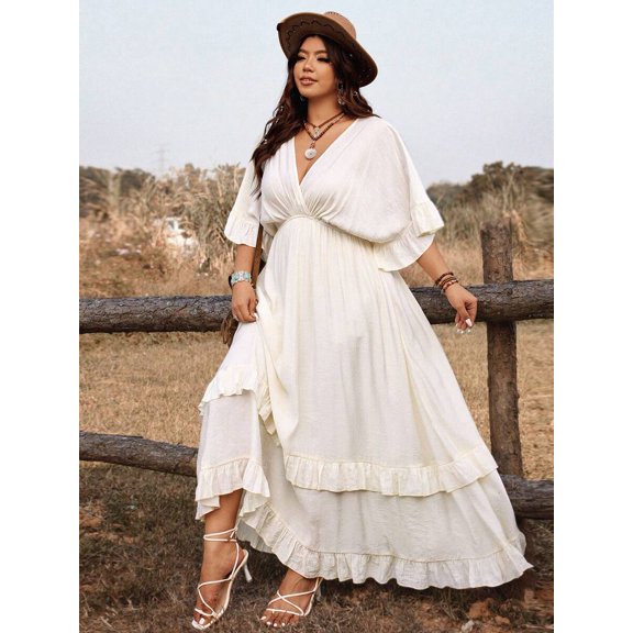 Apricot Plus Size Casual Vacation Tie Front Maxi Dress With Ruffles, Spring Summer