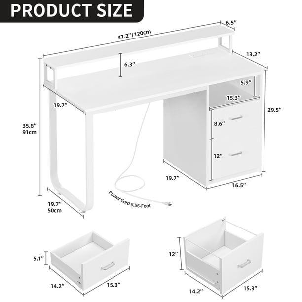 Escritorio de oficina en casa de 47", blanco, con cajón para archivos, luz LED y toma de corriente,Blanco,10.63x7.28x7.09in