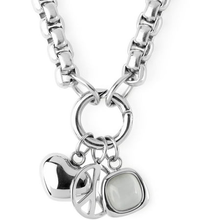 ELYA Stainless Steel Box Chain Heart and Peace Symbol Charmed Necklace