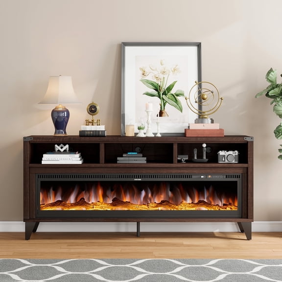 LUXOAK 65" Fireplace TV Stand, Farmhouse Entertainment Center with 60" Tempered Glass Electric Fireplace, Industrial Media Console with Open Storage Space for TVs up to 75", Brown