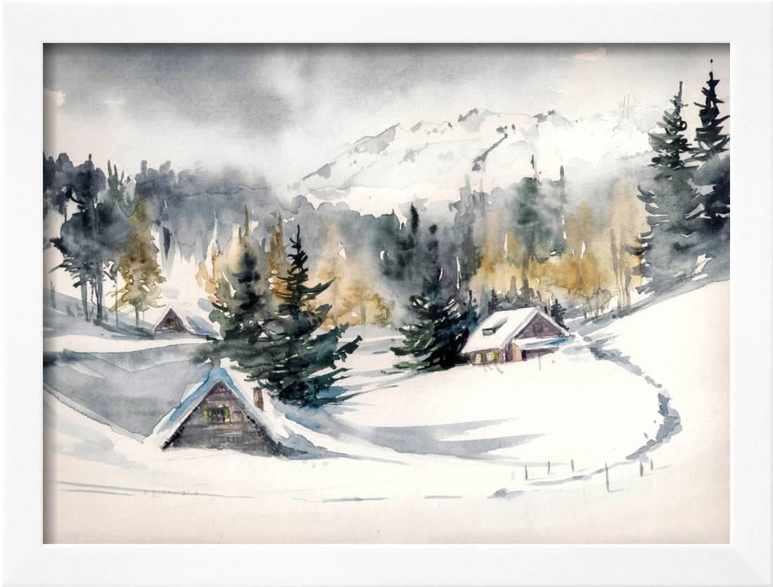 Winter Landscape With Mountain Village Covered With Snow Picture Created With Watercolors On Paper Framed Print Wall Art By Deepgreen Walmart Com Walmart Com