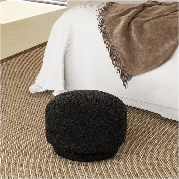 JERFIT Mushroom Pouf Ottoman Foot Rest Stool for Living Room, Plush Boucle Fabric, Small Round Accent Seat, Black