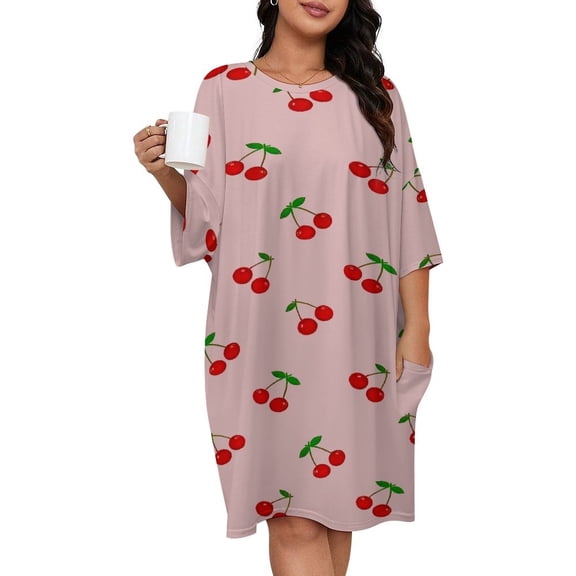 Cherries Sleepshirts For Sleeping Travels Loose Sleepdress Pajama Dress Soft Nightdress Sleepwear