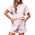 thumbnail image 2 of Stichou Women's Summer 2 Piece Outfits Striped Short Sleeve Top and Drawstring Shorts Loungewear Matching Set Pink XL, 2 of 4