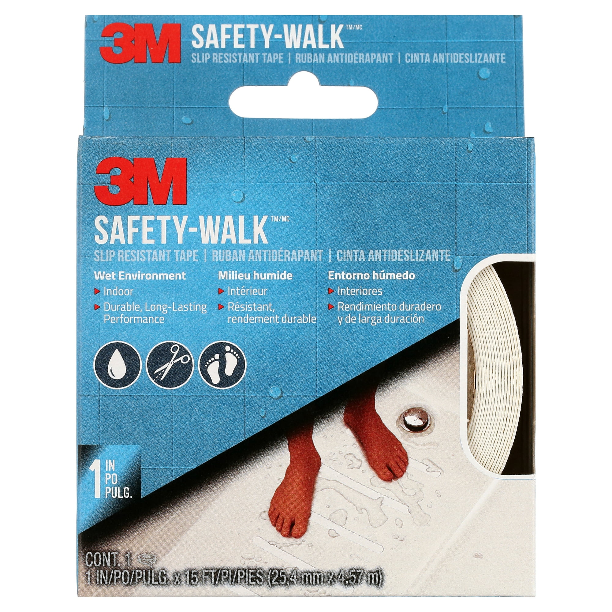 3M Safety-Walk Slip Resistant Tape, White Roll, Vinyl, 1" x 15 ft, Indoor, for Bathtub, Shower, Pool