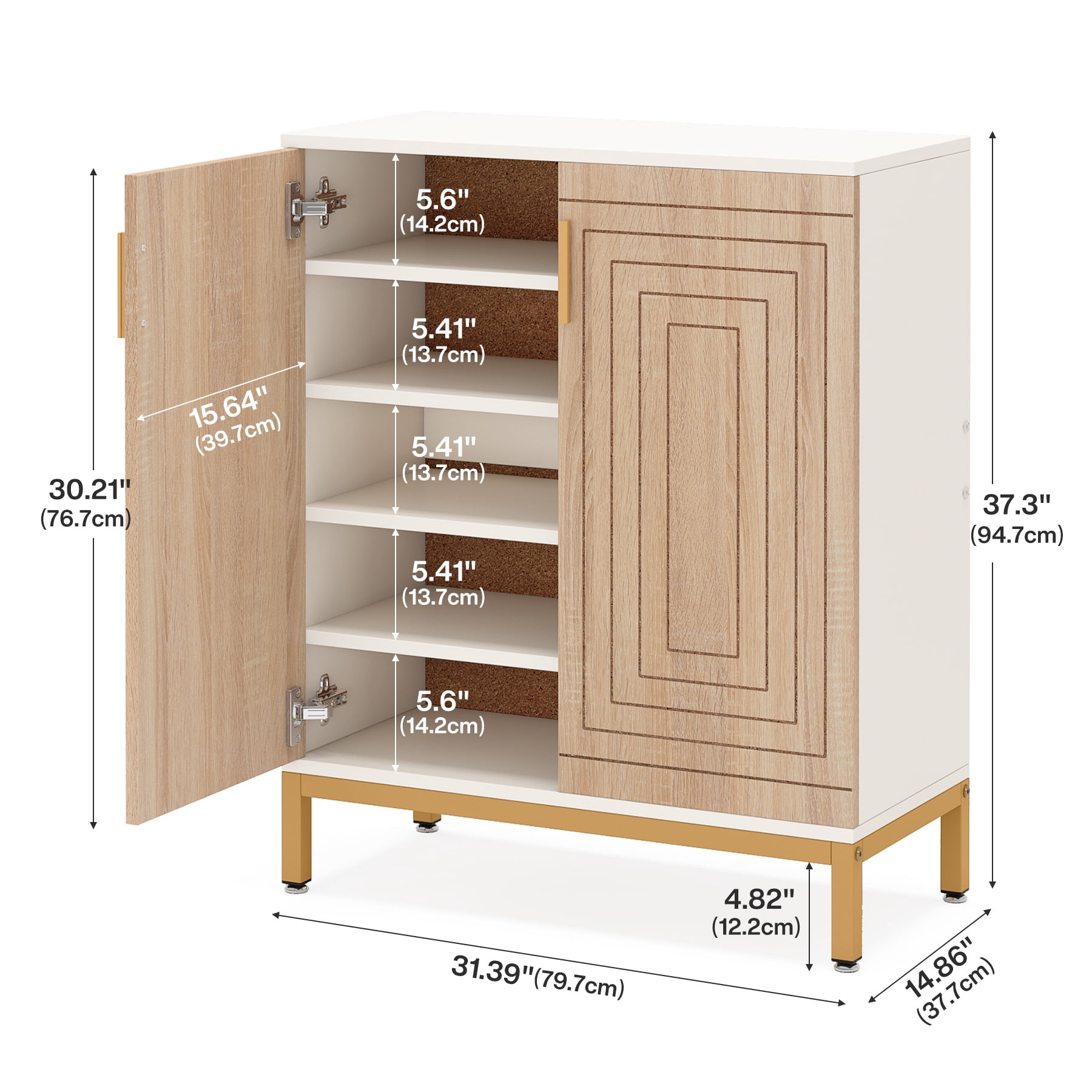 Fnova 20 Pairs Shoe Cabinet with Doors, 5-Tier Entryway Shoe Storage Organizer, Modern Freestanding Shoe Racks for Closet, Bedroom, White/Natural