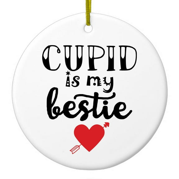 DistinctInk Hanging Ceramic Christmass Tree Ornament with Gold String - Great Gift / Present - 2 3/4 inch diameter - Cupid is My Bestie - Heart - Valentine
