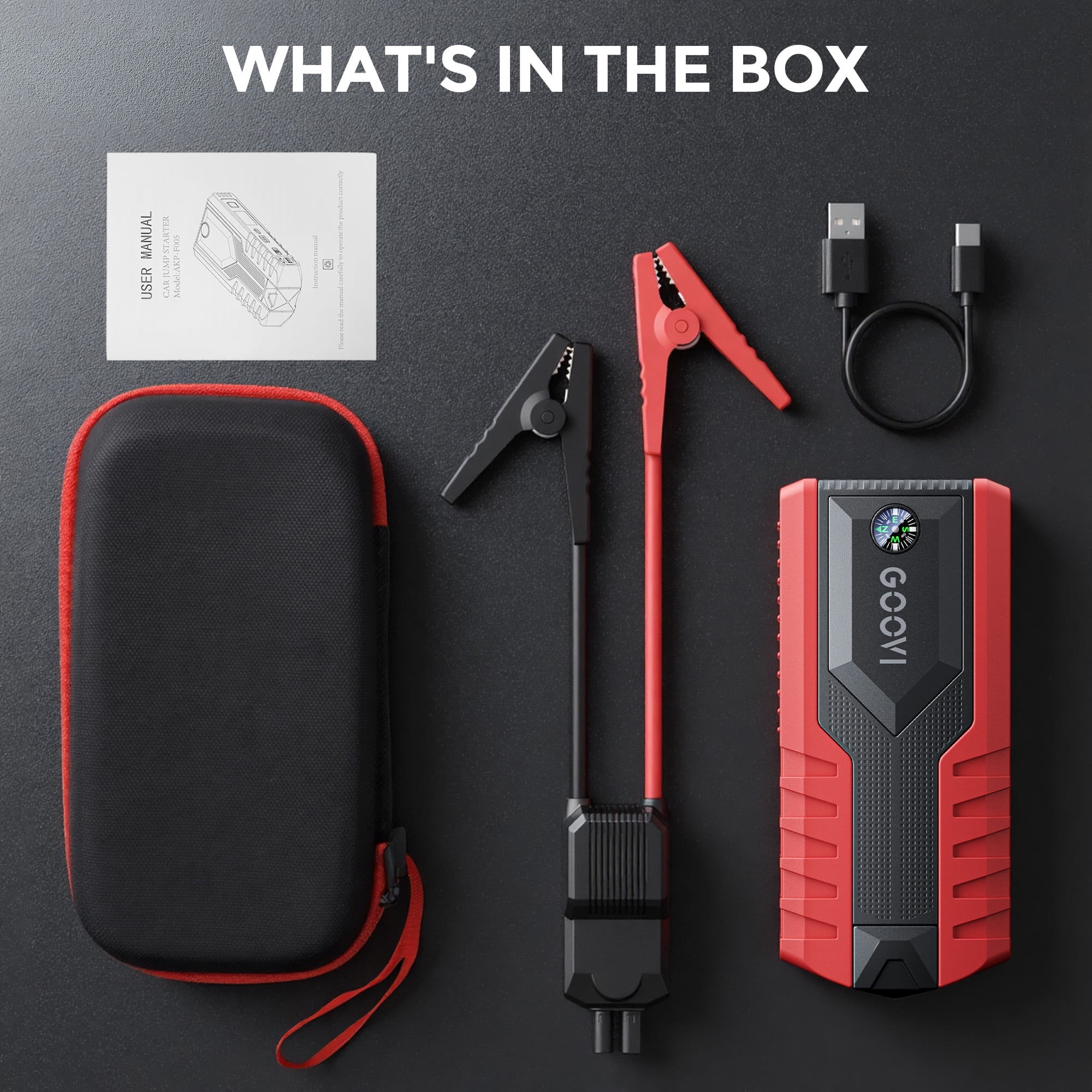 GOOVI Car Jump Starter 2000A Peak 12V Battery Jump Box Portable Battery Booster with LED Light USB Quick Charge