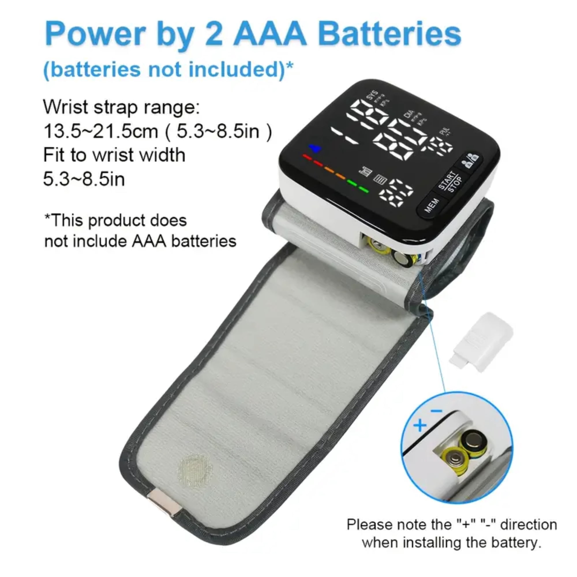Wrist Blood Pressure Monitor, 5.3-8.4 Inch Large Backlit Display, Detachable Adult Cuff, Arrhythmia Detection, 2x90 Memory Readings, Battery-Powered (Battery Not Included), Health Monitoring Device |