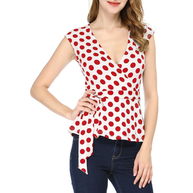 INSPIRE CHIC Haut à Pois Sans Manches à Col en V à Nouer à l'Avant pour Femme TP Blanc Rouge