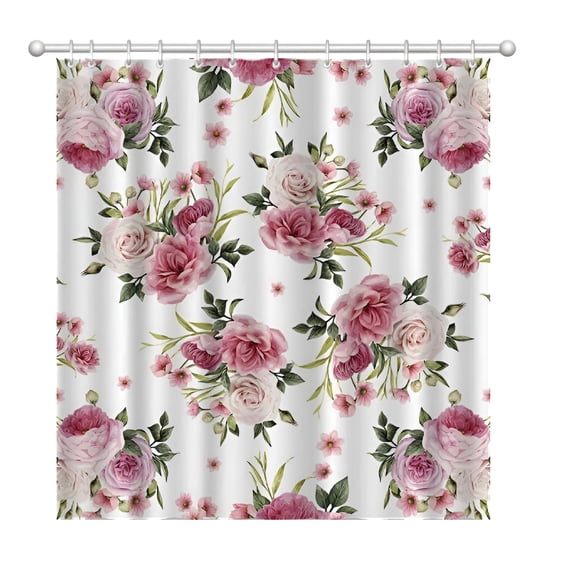 AUQ Vintage Floral Shower Curtain Home Decor Pink Peony Rose Shower Curtains for Bathroom Botanical Plant Green Leaves Polyester Fabric Waterproof Flower Bathroom Curtain with 12 Hooks 72"*72"