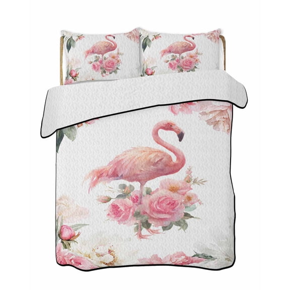 Full Size Quilt Bedding Set, Pink Flamingo Reversible Summer Quilt 3 Pieces, Watercolor Flowers Spring Floral Lightweight Bedspreads Coverlets with 2 Pillow Shams for All Seasons
