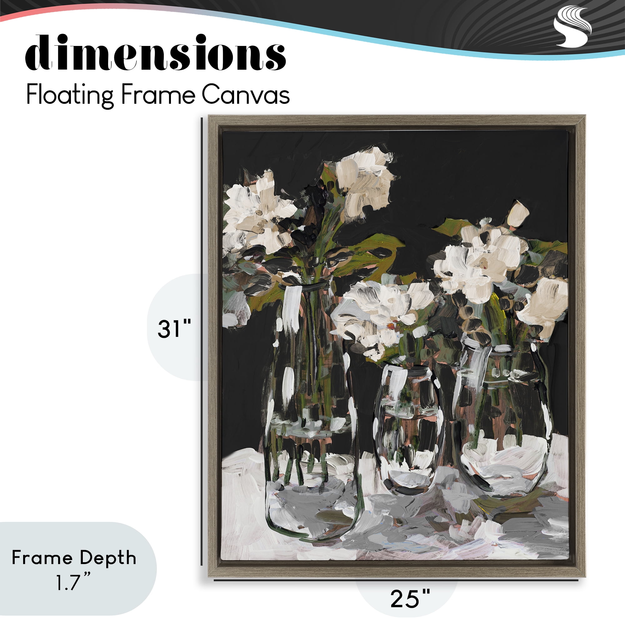 Stupell Industries Three Flower Vases on Black Brown Framed Floater Canvas Wall Art, design by Jane Slivka