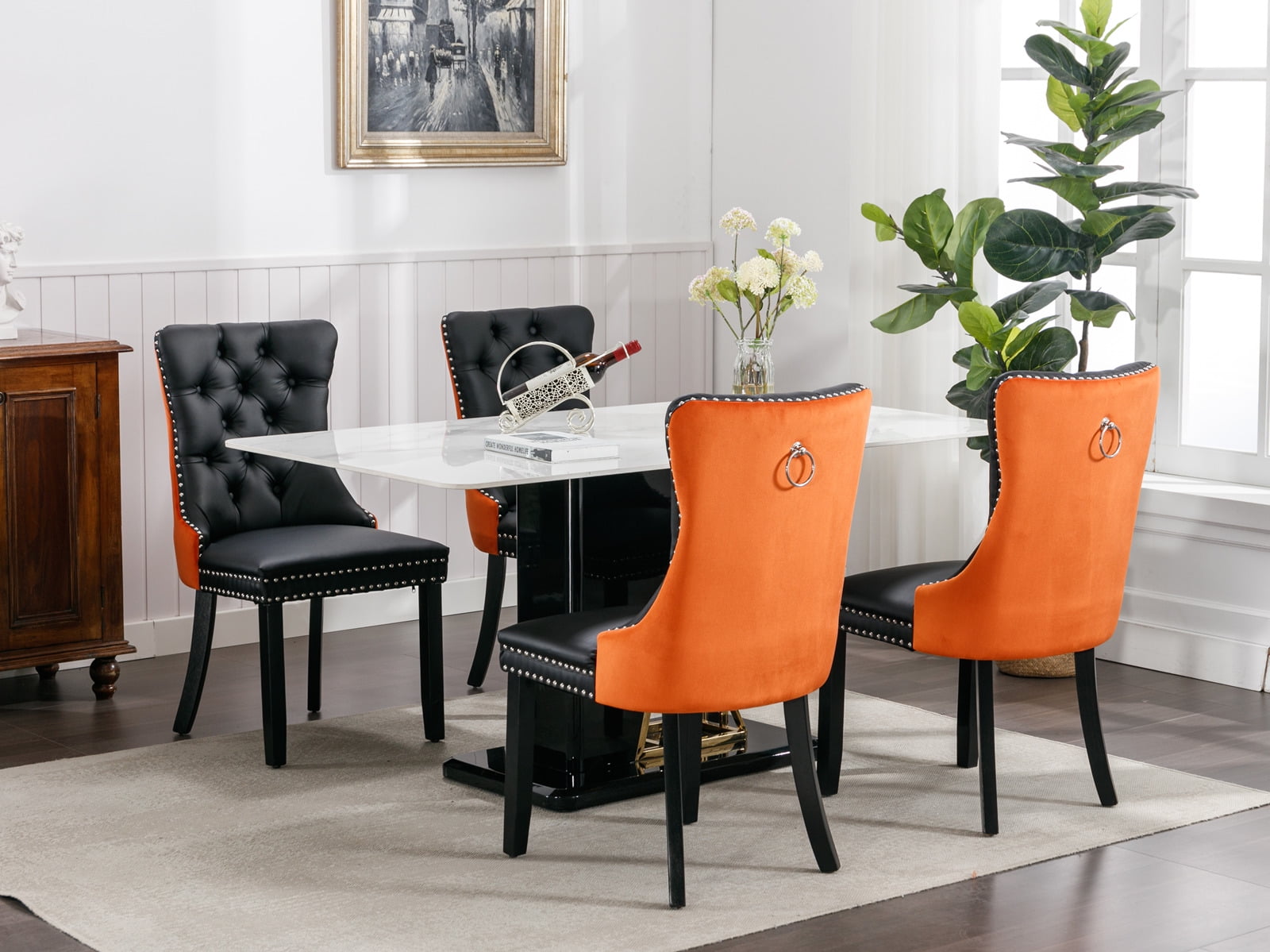 Gewnee 2-Pcs Set Modern High-end Tufted Solid Wood Contemporary PU and Velvet Upholstered Black+Orange Dining Chair with Wood Legs Nailhead Trim