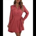 thumbnail image 3 of Vestido Camisero de Larga con Botones para Mujer, Informal, Holgado, con Cintura Ajustable y de . Caoba M, 3 of 10