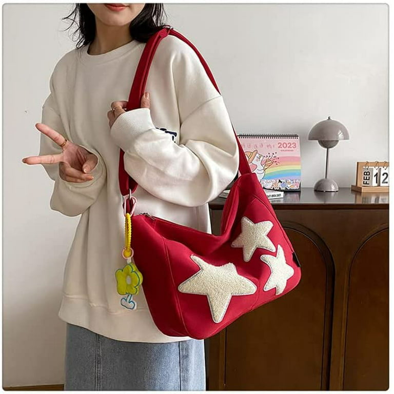 Danceemangoo Fairycore Canvas Tote Bag Aesthetic Y2K Star Crossbody Bags Grunge Preppy Handbag with Kawaii Accessories (Red), Adult Unisex, Size: 