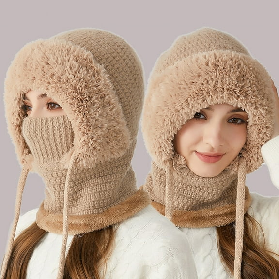 Women Winter Hat with Integrated Scarf Cold proof Front Cover Thick Knitted Warm Solid Color Full Outdoor Cycling Travel Cold Weather Cap