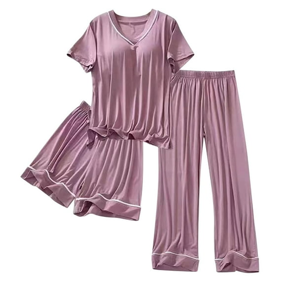 Lxkfashion Under $10 Dark Purple Women's Pajama Sets Short Sleeve Three-Piece Pjs Crew Neck Tops & Capri Pants Lounge Sets L