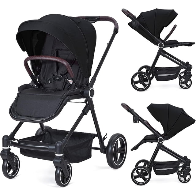 Foldable baby stroller - lightweight aluminum frame, waterproof fabric, reversible backrest, adjustable footrest, canopy peekaboo window, grande almacenamiento basket, cup holder & safety harn...
