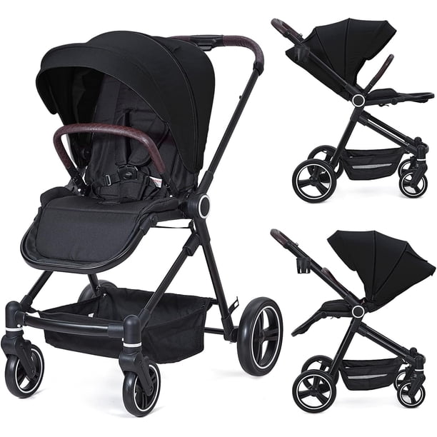 Foldable baby stroller - lightweight aluminum frame, waterproof fabric, reversible backrest, adjustable footrest, canopy peekaboo window, grande almacenamiento basket, cup holder & safety harn...