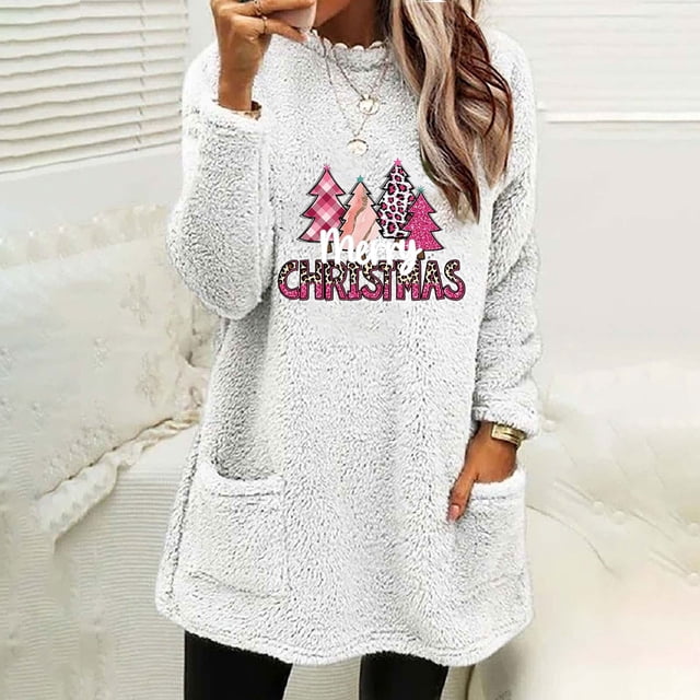 Bentgoes Hauts pour Femmes Habillés Décontractés Automne, Blouse de Noël Col Rond et Hiver Ample Imprimée avec Poche Manches Longues Chaude/blanche, (TTTG)