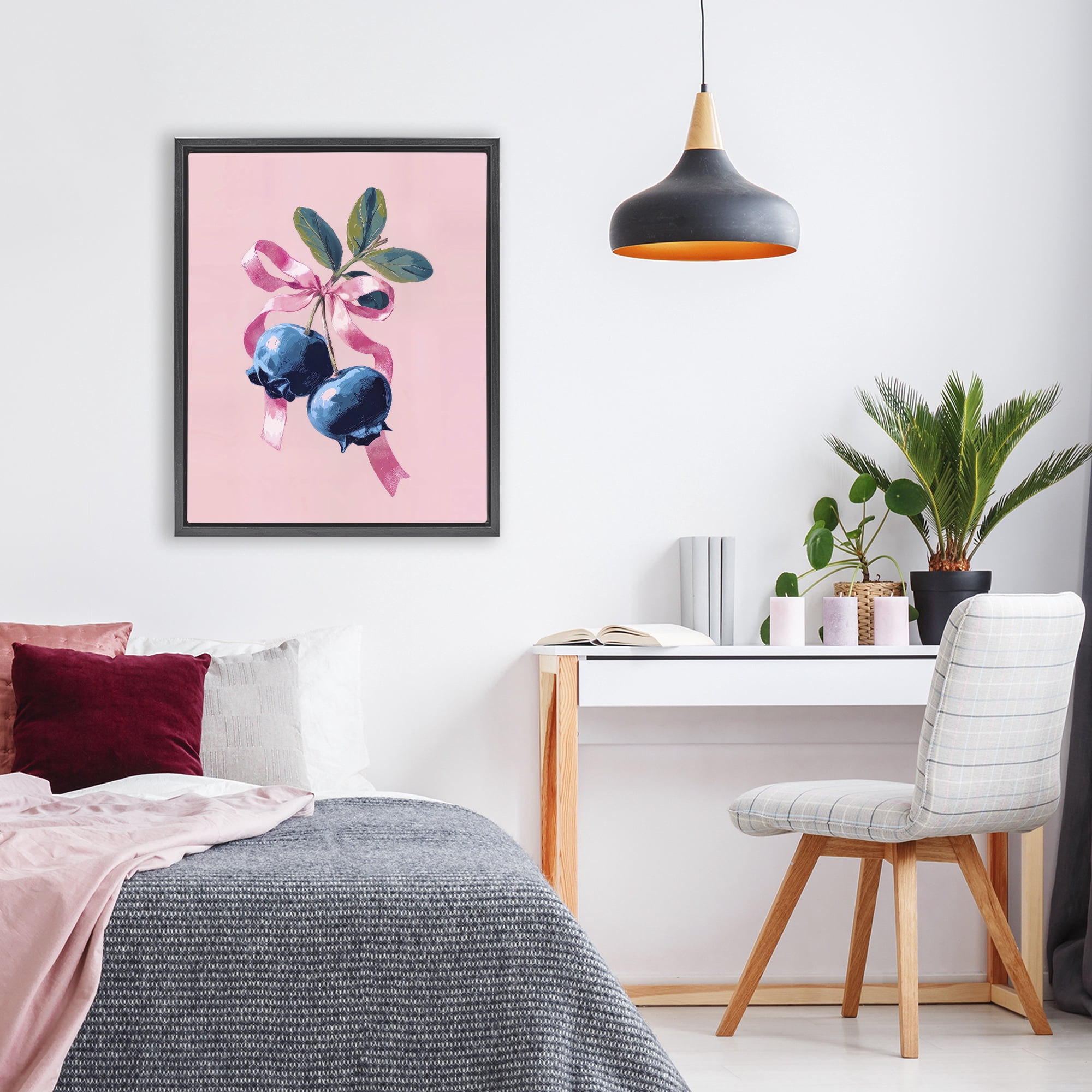 Stupell Industries Blueberry Branch with Pink Bow Black Framed Floater Canvas Wall Art, design by Imagine It Images