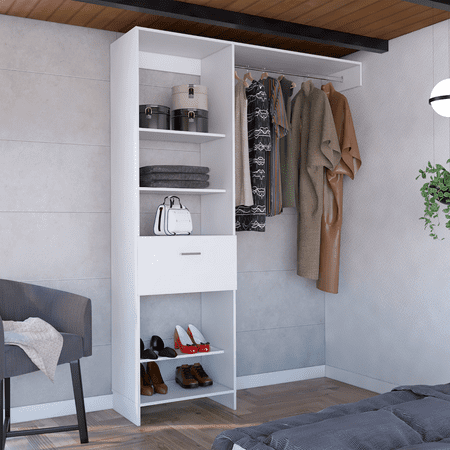 DeeHome Manchester 150 Closet System, Metal Rod, Five Open Shelves, One Drawer -White