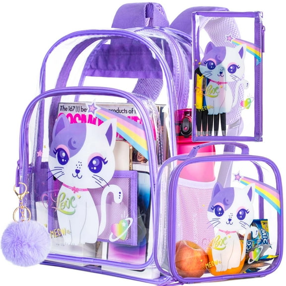 AGSDON 3PCS Kids Clear Backpack for Girls, Purple Cat See Through School Bag, Transparent Bookbag Heavy Duty for Elementary Preschool