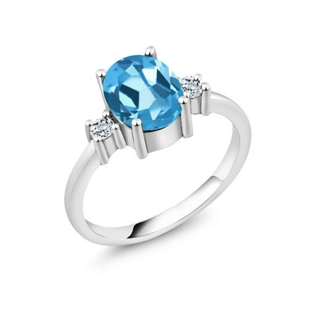 2.36 Ct Oval Swiss Blue Topaz White Topaz 925 Sterling Silver Ring