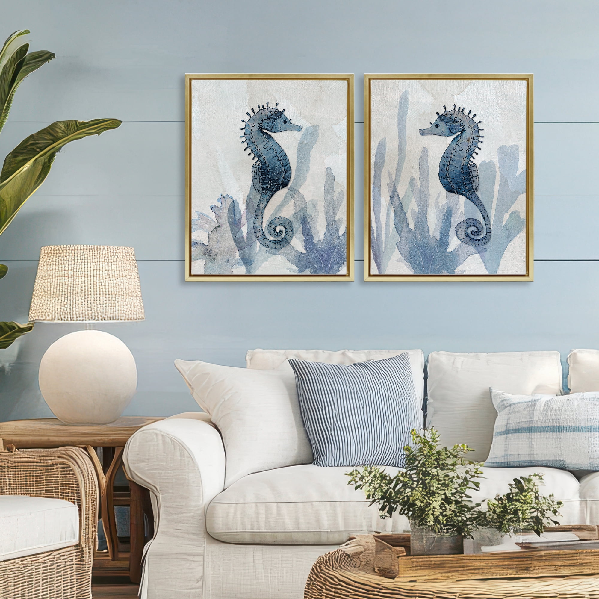 Stupell Industries Impressions of Seahorses 2 Piece Gold Framed Floater Canvas Set, design by Susan Jill