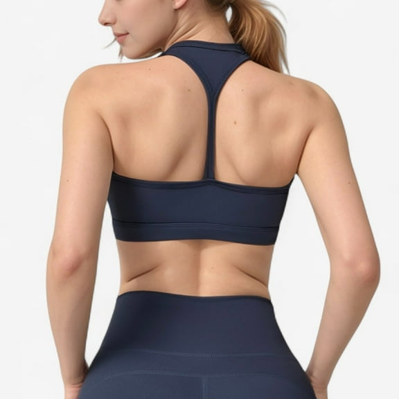 Women's High Neck Sports Bra with Minimalist T-Back Strap Design and Smooth Stretch Compression Fit - Medium, Navy