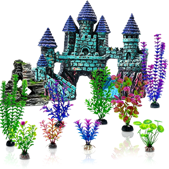 ACDANC 13 Pieces Aquarium Decorations Kit,Fish Tank Decorations Set Small Resin Castle and Rockery Betta Fish Cave Hideout Coral Artificial Plastic Plants Ornament Accessories