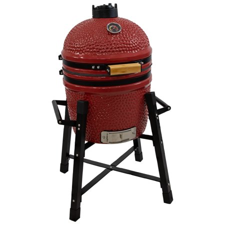 Sunnydaze Ceramic 15" Kamado Charcoal Grill with Smoker in Red with Stand and Grate