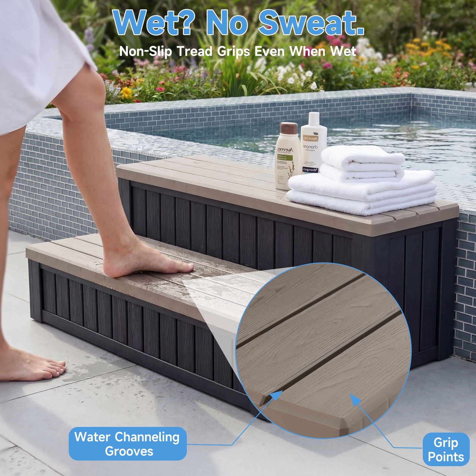 Dovov SPA Hot Tub Steps with Storage, Anti-Slip SPA Steps 36.6" Spa Hot Tub Storage Steps Indoor Outdoor Hot Tub Deck Step Swimming Pool Stairs, 780 lbs Capacity, Brown