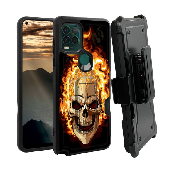 ANJ  Rugged Shockproof Holster Case w/Card Slot, Kickstand   Tempered Glass for Motorola Moto G Stylus 5G - Flame on Skull