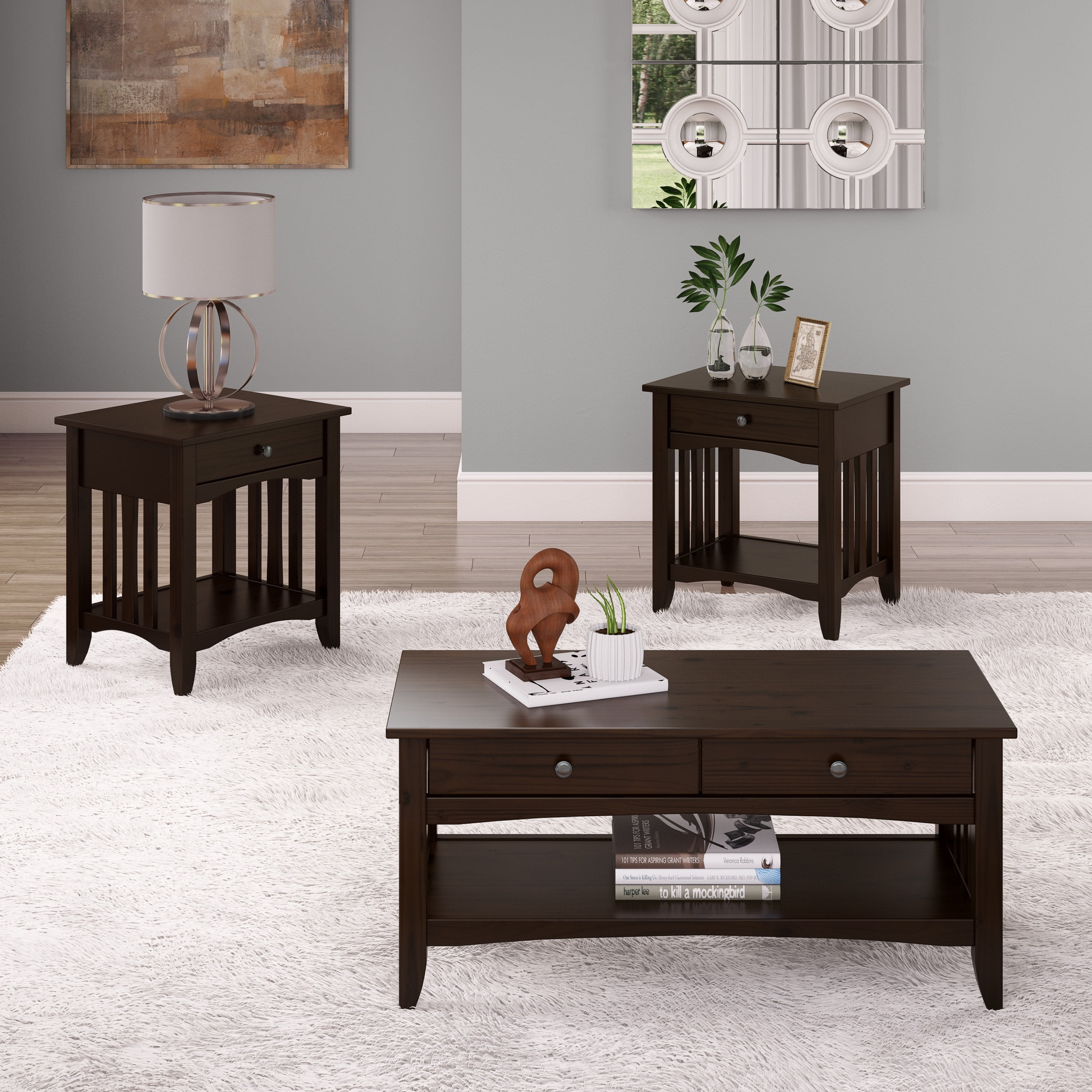 Corliving Crestway 3pc Solid Wood Coffee Table And End Tables Set With Drawers Walmart Com Walmart Com