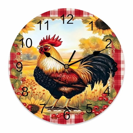 Wall Clock 14 inch Sunflower Rooster Berry Trees Battery Operated Clocks Silent Non-Ticking Wallclock Vintage Farmhouse Round Decorative Wall Clocks for Home Office School