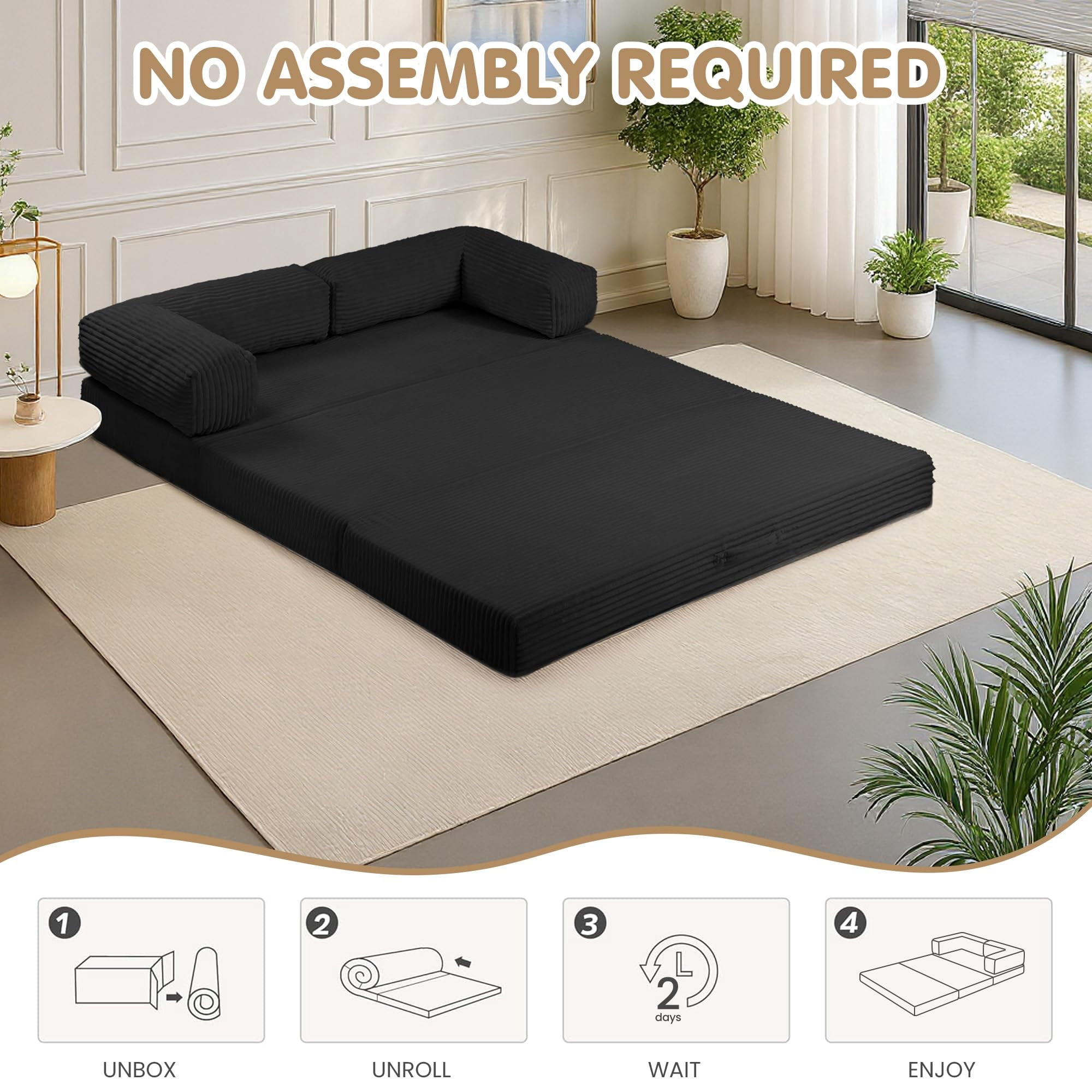 5-in-1 Convertible Sofa Bed,60" Boneless Couch Tri Folding Floor Mattress with Removable L-Shaped Armrests & Handle,Corduroy Futon Couch Sleeper for Living Room Bedroom Apartment, Black