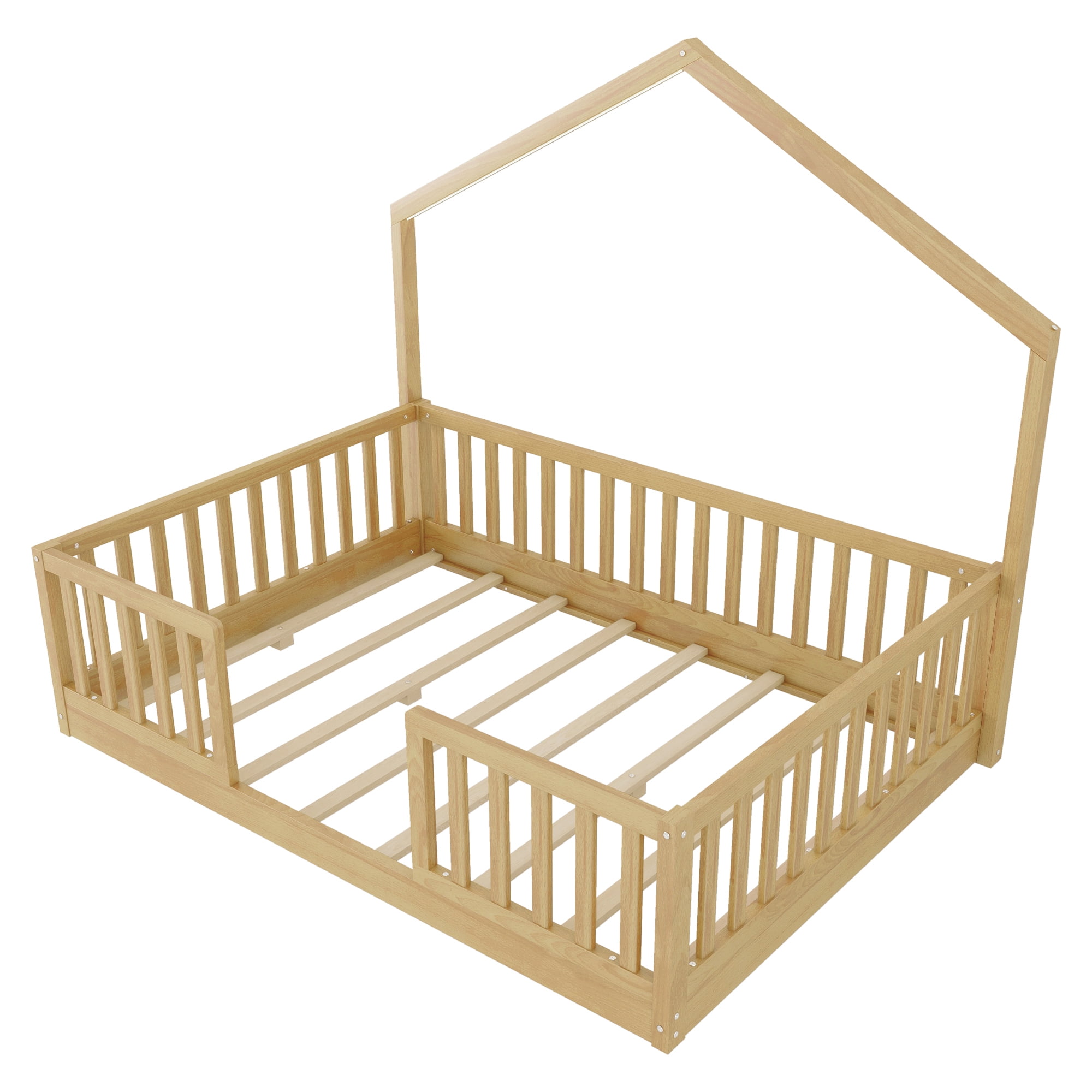 Euroco Wood Full Size Floor Bed with LED Light, Natural
