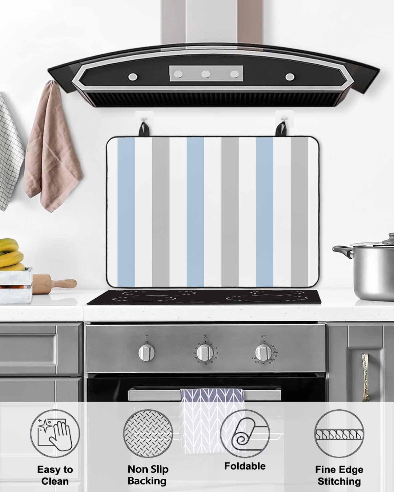 nqOlkjepod Large Induction Cooktop Protector Mat 24"x21", Light Blue Grey Stripe Stove Top Covers for Electric Stove, Modern Farmhouse Vertical Striped Stove Burner Cover Mats, Glass Top Stove Cover