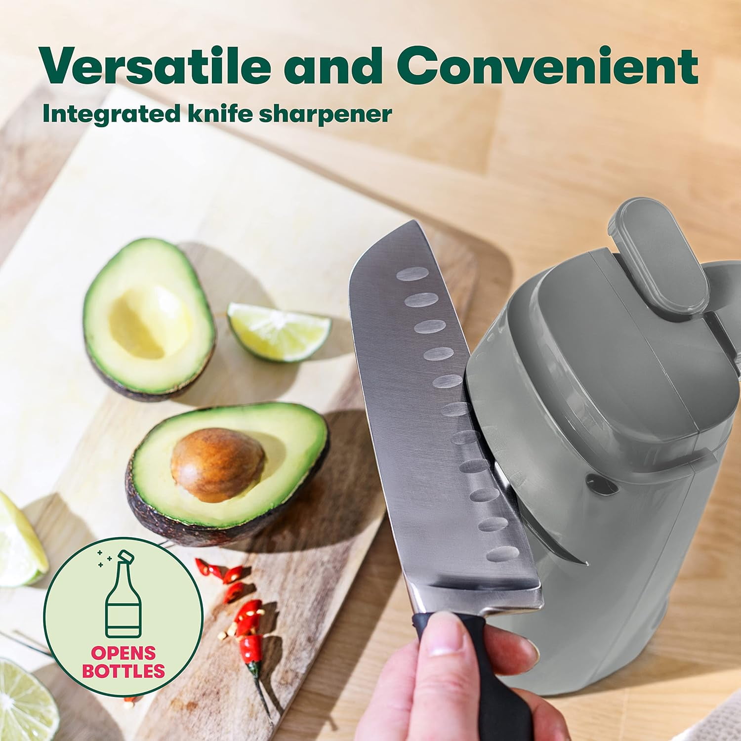 Electric Can Opener and Knife Sharpener, Multifunctional Jar and Bottle Opener with Removable Cutting Lever and Cord Storage, Stainless Steel Blade, Sage