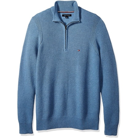 Tommy Hilfiger Men's Quarter 1/4 Zip Mesh Knit Cotton Mockneck Pullover Sweater, Size Medium, Color Blue