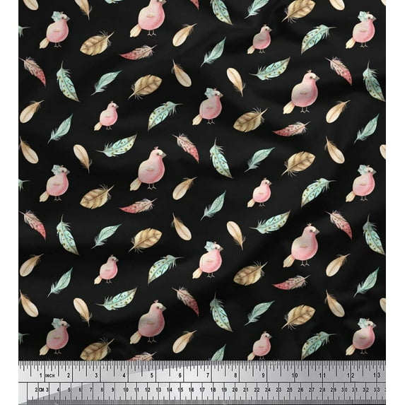Soimoi Black Cotton Duck Fabric Bird & Feather Decor Fabric Printed Yard 42 Inch Wide