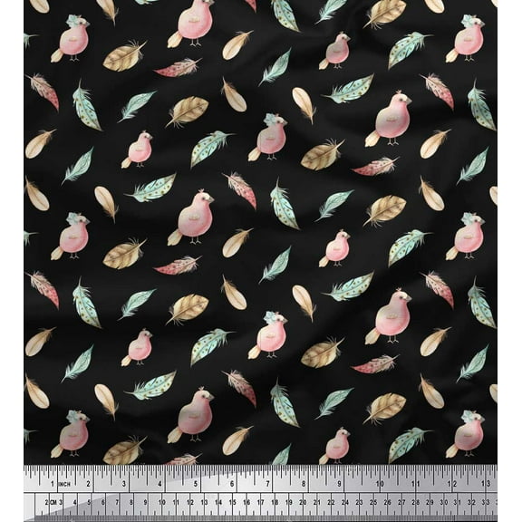 Soimoi Black Cotton Duck Fabric Bird & Feather Decor Fabric Printed Yard 42 Inch Wide